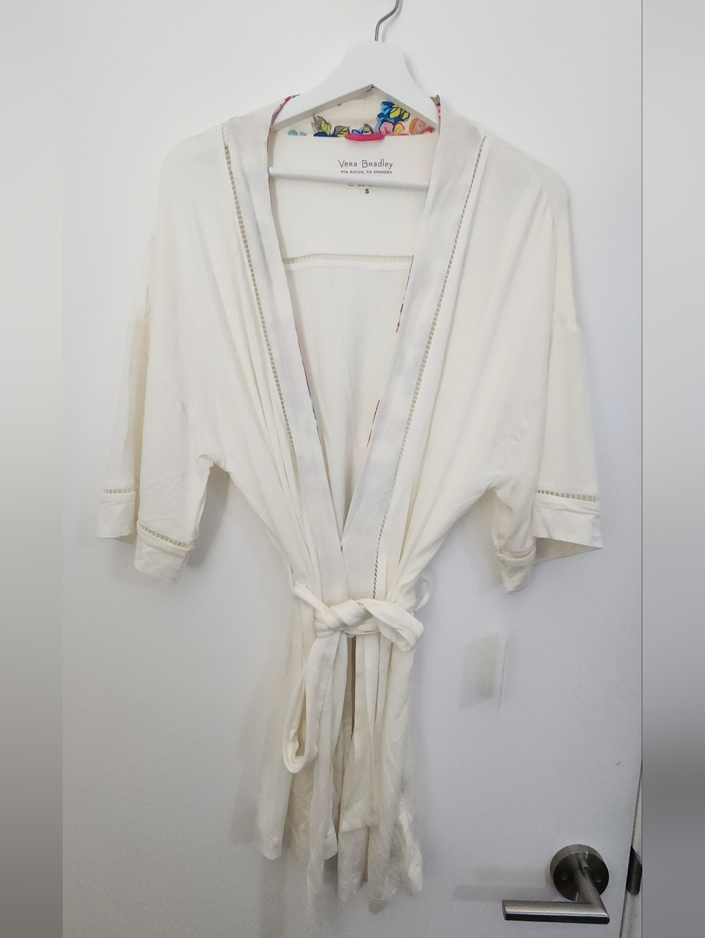 Vera Bradley Cream Lightweight Cotton Rayon Jersey Kimono Robe w/ Floral Trim S